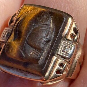 Vintage Mens 10k Solid Yellow Gold Carved Tiger Eye Cameo Roman Ring Size 7.75